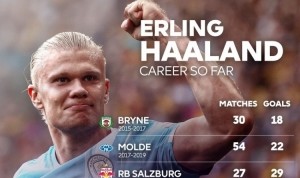 英超官方晒哈兰德进球分布：曼城149场127球，挪威队45场48球